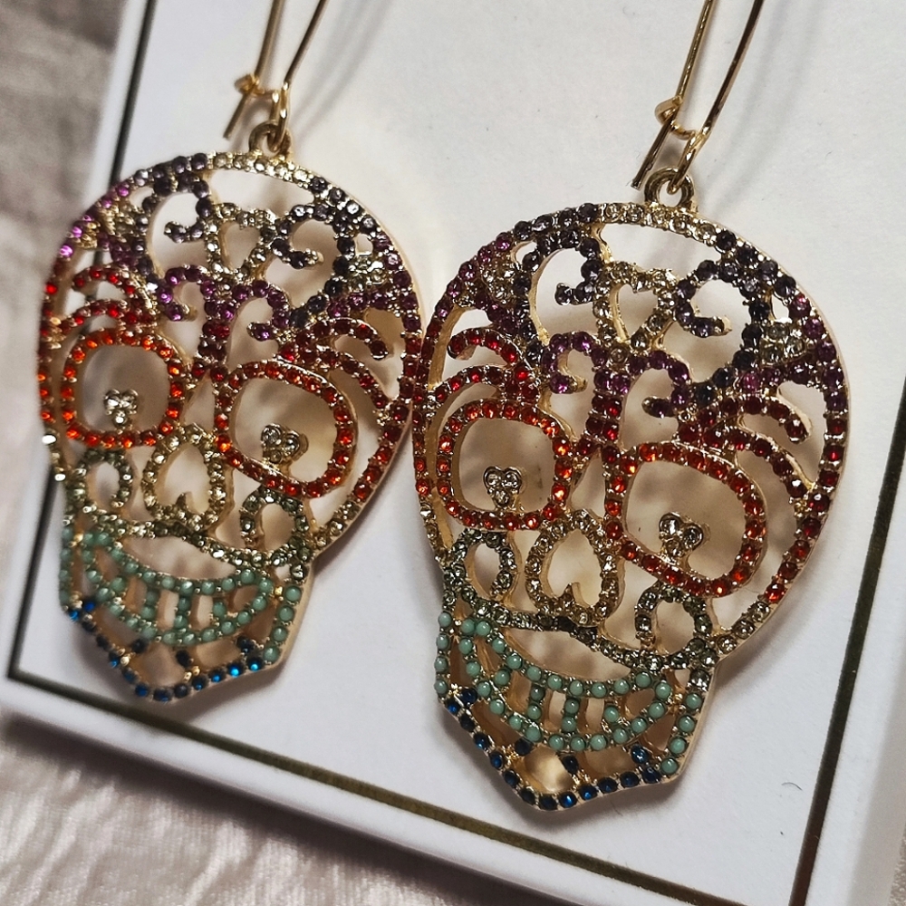 Bella Jack Sugar Skull Vibrant Multi Rhinestone Earrings NIB Day of the Dead NEW - Picture 3 of 10